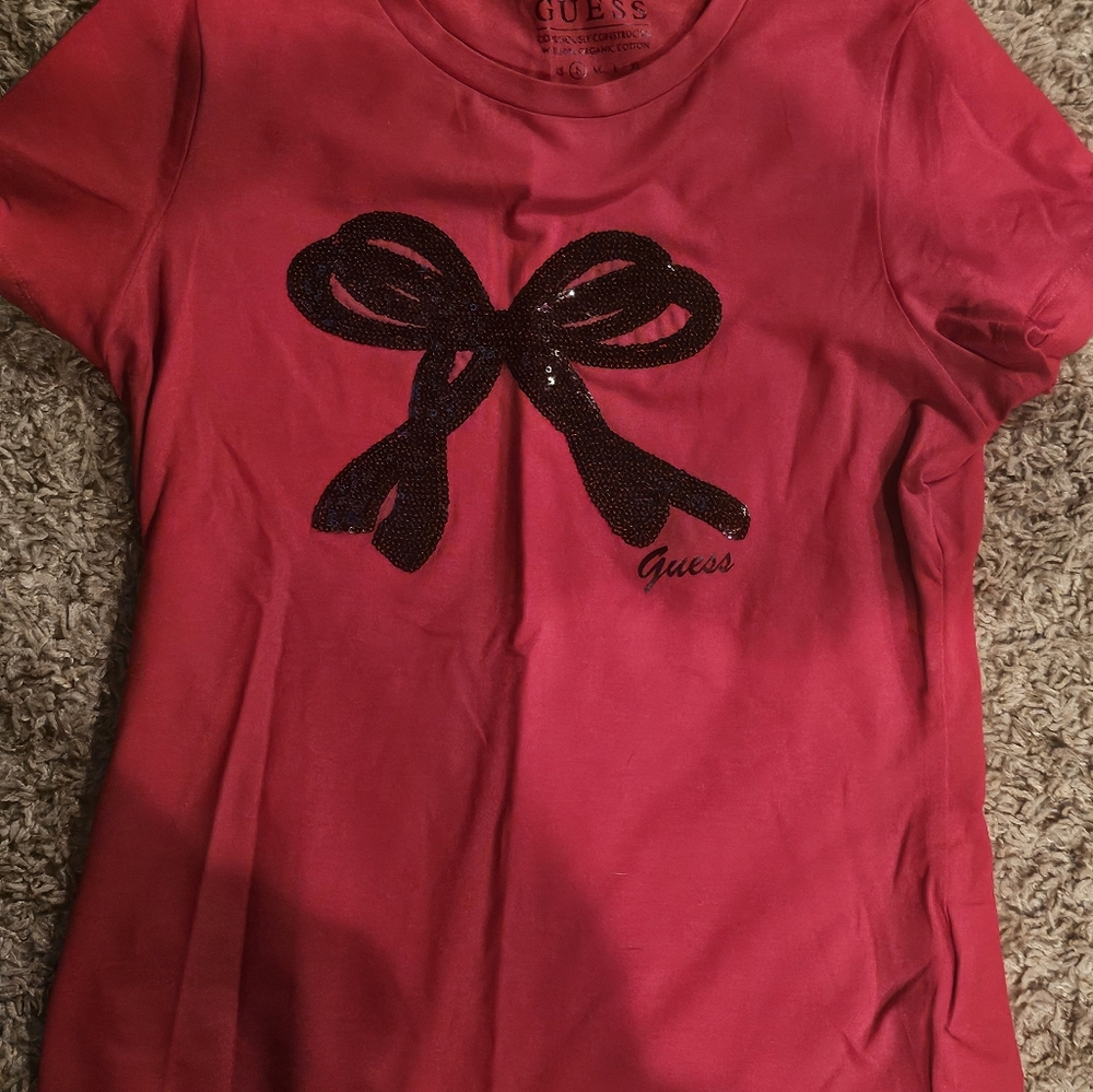 Guess Women Red Tee with Sequin Bow